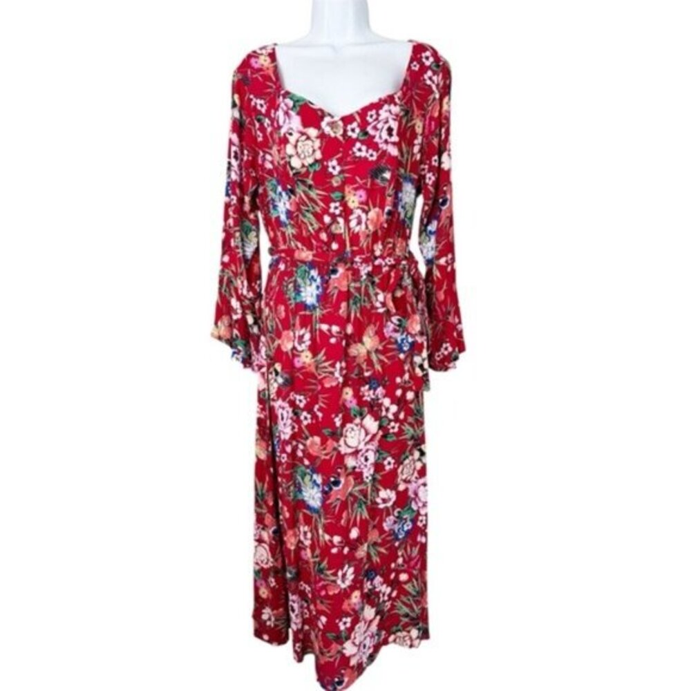 NWT Kori America red floral waist tie‎ flare sleeves midi dress M